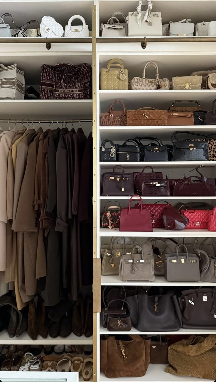 An edited closet: coats hung in a tonal gradient beside shelves of handbags sorted by color